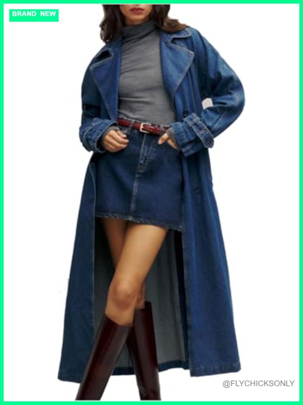 Women's Denim Trench Coat Midi Overcoat Classic Lapel Long Jacket